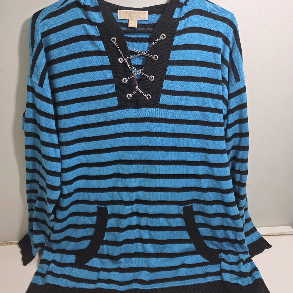 Michael Kors Turquoise & Black Striped Lace-Up V-Neck Sweater